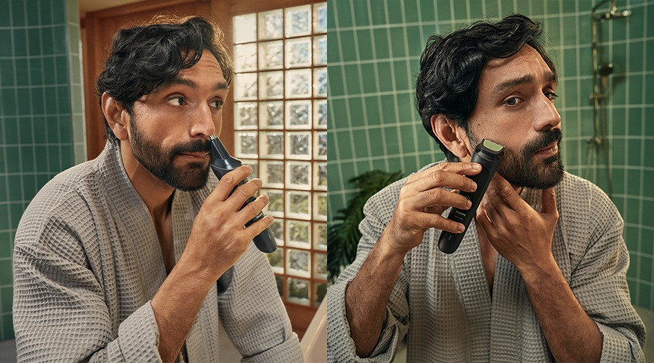 Muž se zbavuje chloupků v nose a vousů na tváři pomocí zastřihovač Philips MG3920/15