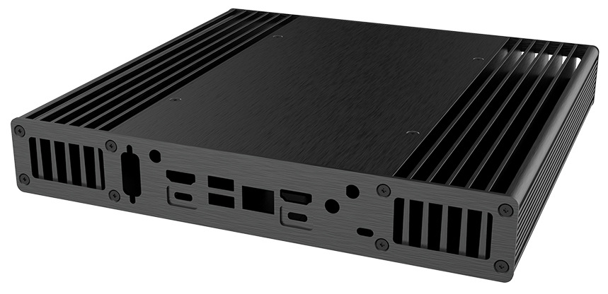 Case AKASA Plato RC for ASUS NUC 14 Pro černá Na obrázku je propagační grafika skříně AKASA Plato RC pro ASUS NUC 14/15 Pro. Nahoře je vyobrazená základní deska NUC a text „Designed for ASUS NUC 14/15 Pro (Revel Canyon / Cyber Canyon)“, dole je černá nízká pasivně chlazená skříň s bočním žebrováním a čelními výřezy pro porty včetně dvou modrých USB. Ve spodní části je slogan „Small but Powerful: Fanless Case“, který zdůrazňuje tichý provoz bez ventilátoru. Na fotografii je černá hliníková skříň AKASA Plato RC pro ASUS NUC 14 Pro z pohledu na zadní stranu. Vyniká pasivní žebrování po bocích a nahoře, zatímco zadní panel má řadu přesně vyřezaných otvorů pro porty a konektory NUC (obdélníkové i kulaté výřezy) a po stranách jsou ventilační mřížky. Čelní/zadní panel je uchycený šrouby v rozích.