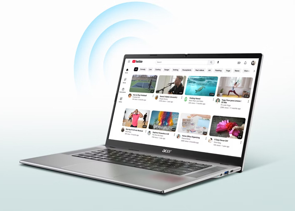 YouTube na notebooku Acer Chromebook 315 s rychlou a spolehlivou Wi-Fi