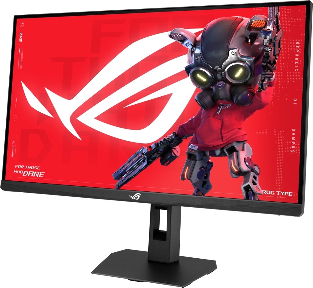 Herní monitor Asus ROG Strix XG27AQNGV černý Na obrázku je herní monitor Asus ROG Strix XG27AQNGV 27" v černém provedení z předního šikmého pohledu. Monitor má tenký rámeček, širokoúhlý displej a stojí na pevném výškově nastavitelném stojanu s plochou hranatou základnou. Na obrazovce je výrazná červená herní grafika s velkým bílým logem ROG a futuristickou postavou se zbraní. Logo ROG je také uprostřed spodní lišty monitoru.