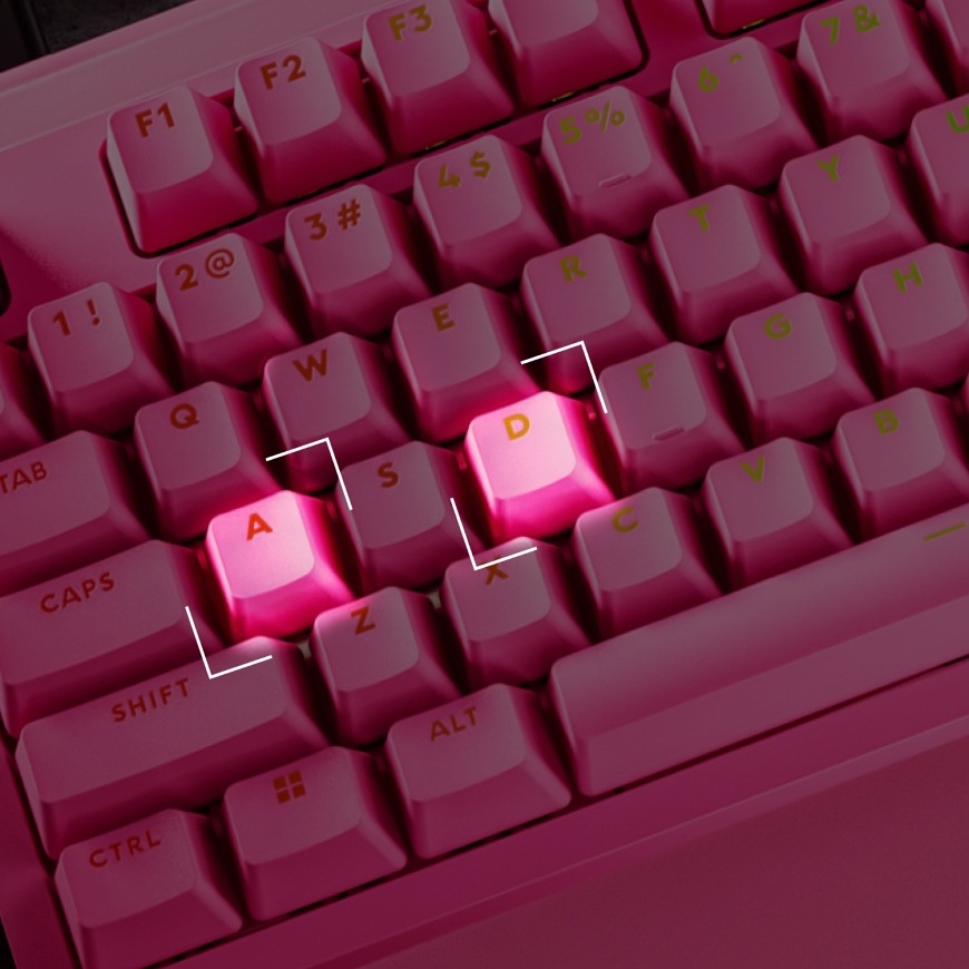 Klávesnice Logitech PRO X2 RAPID, US INT'L černá Detail kláves WASD na klávesnici Logitech PRO X2 Rapid s podsvícením