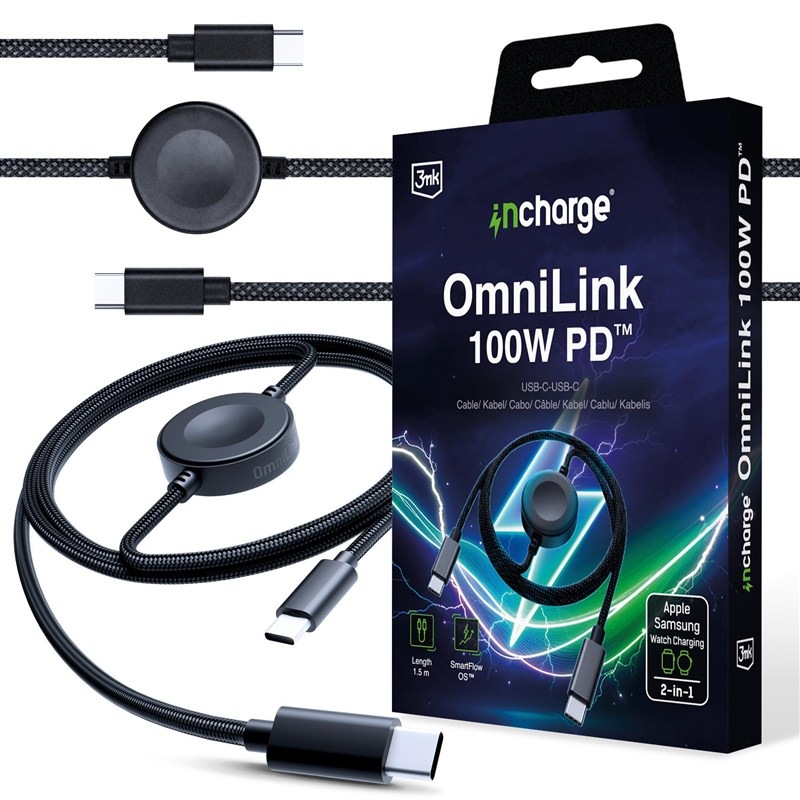 Nabíjecí kabel 3mk OmniLink USB-C s nabíjením Apple Watch a Samsung Galaxy Watch, 100 W PD, 1,5 m černé