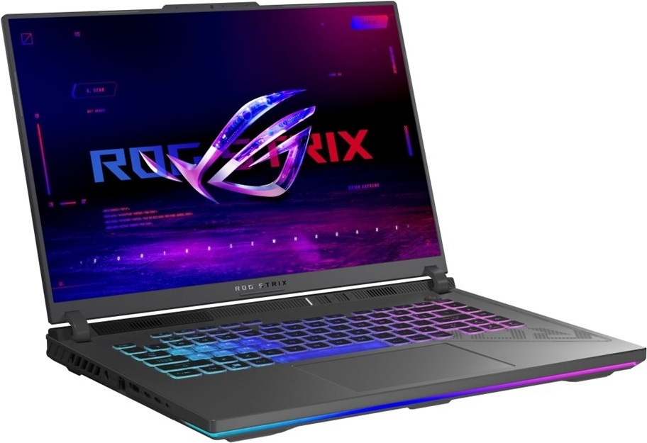 Notebook Asus ROG Strix G16 šedý ASUS ROG Strix G16 z bočního úhlu se zaměřením ostrý displej s bohatými barvami