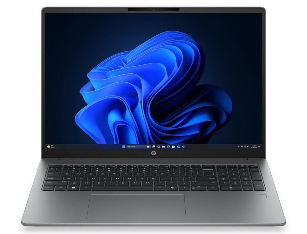 Notebook HP 200 G2a 16" šedý Otevřený a zapnutý notebook HP 200 G2a zepředu