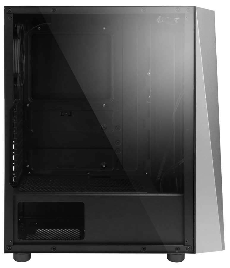 Na obrázku je boční pohled na PC skříň Zalman S4 Plus, černá/šedá s nasazenou tónovanou skleněnou bočnicí. Přes tmavé sklo je vidět prázdný vnitřek skříně – nahoře prostor pro základní desku, vlevo pozice pro ventilátor a uprostřed oblast pro rozšiřující karty. Dole je kryt zdroje a oddělený prostor pro kabeláž; v levém dolním rohu je výřez s mřížkou. Na pravé straně obrázku je vidět část šedého šikmého předního panelu a skříň stojí na nízkých nožkách.