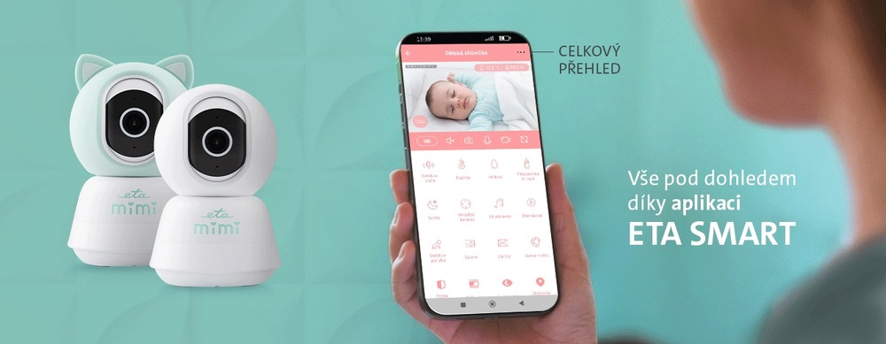 Dětská elektronická chůva ETA MIMI 9306 90000 bílá Dětská videochůvička ETA MIMI 9306 s ukázkou mobilní aplikace ETA SMART. Na displeji telefonu je vidět živý náhled na spící miminko a ovládací ikony funkcí. Vedle jsou zobrazeny dvě varianty kamery – bílá a s mentolovým krytem