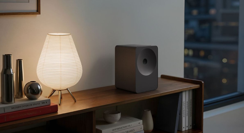 Reproduktor Samsung HW-LS70H Studio 7 na dřevěném stolku vedle rozsvícené lampy.. Vedle lampy jsou ještě dekorace. A vedle stolku je okno a tma.