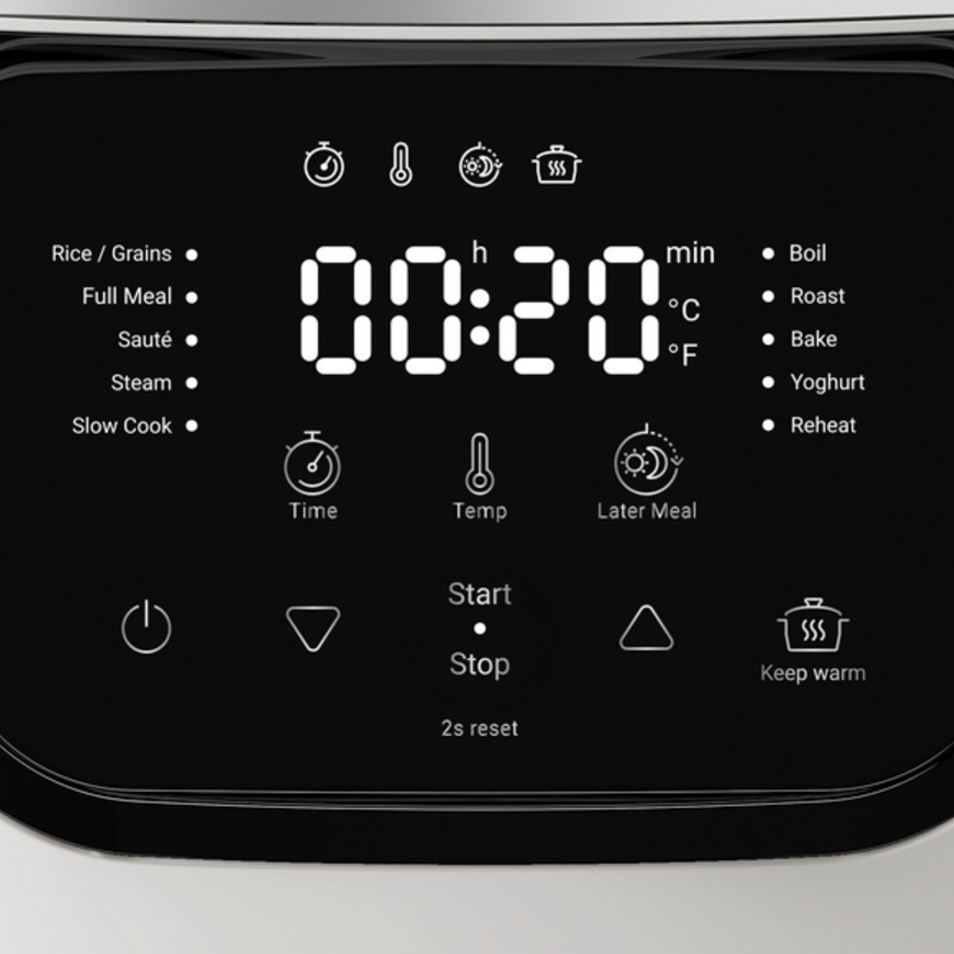 Detailní záběr na digitální displej na multifunkčním hrnci Tefal.