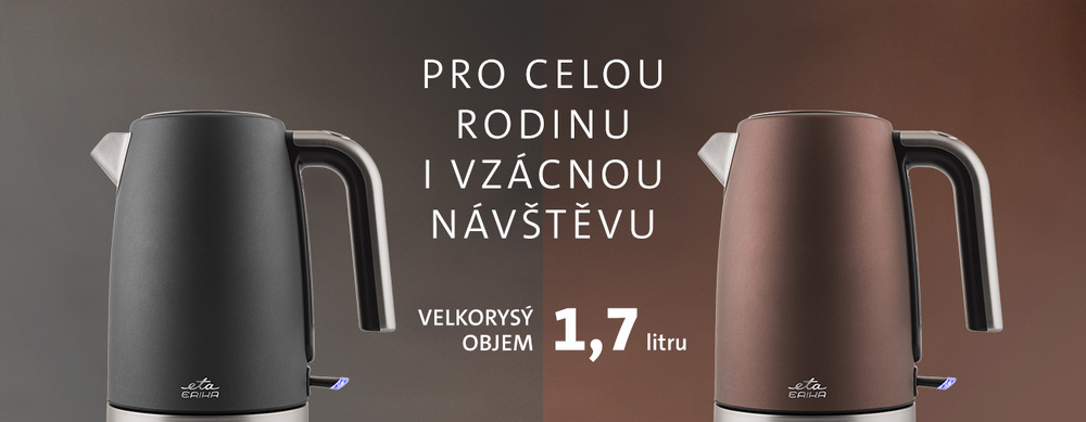 Rychlovarná konvice ETA Erika 2590 90010 hnědá Dvě nerezové rychlovarné konvice ETA Erika v tmavě šedé a hnědé barvě vedle sebe. Text: Pro celou rodinu i vzácnou návštěvu. Velkorysý objem 1,7 litru