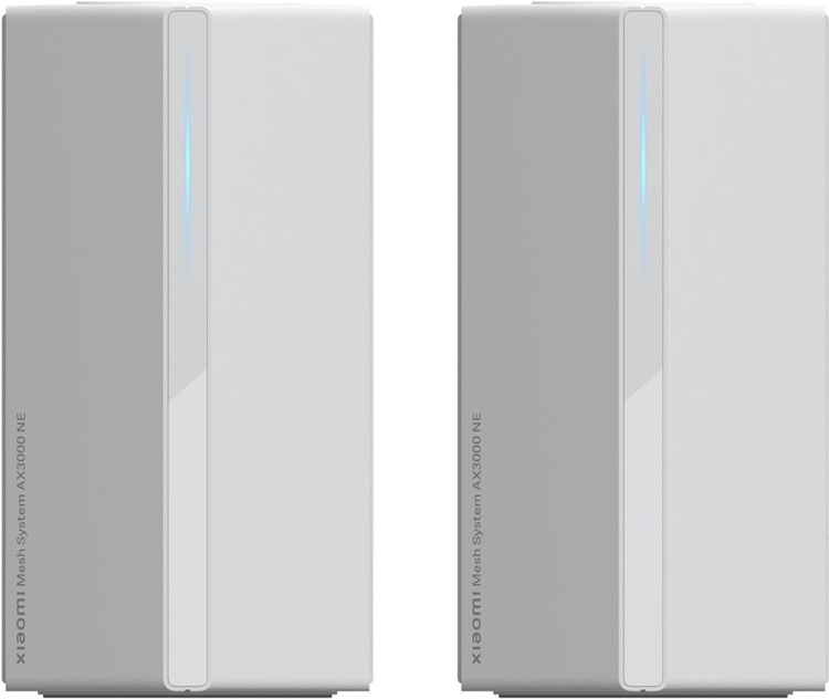 Dvě bílé jednotky Xiaomi Mesh System AX3000 NE ve vysokém hranatém provedení. Každá má vpředu úzký svislý světelný proužek a čistý minimalistický design bez viditelných antén.