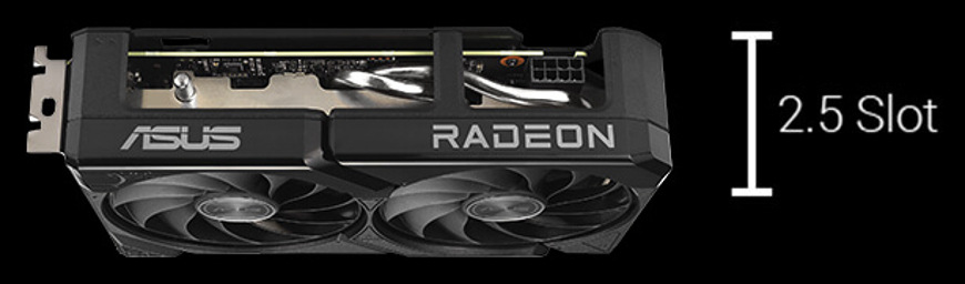 Boční pohled na Asus Dual RX 9060 XT ukazující kompaktní 2,5slotový design pro lepší kompatibilitu