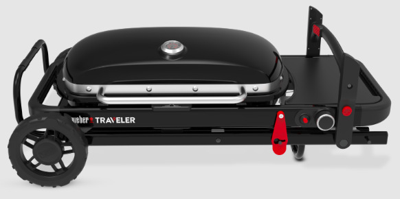 Zahradní plynový gril Weber Traveler ve složené poloze pro snadný transport