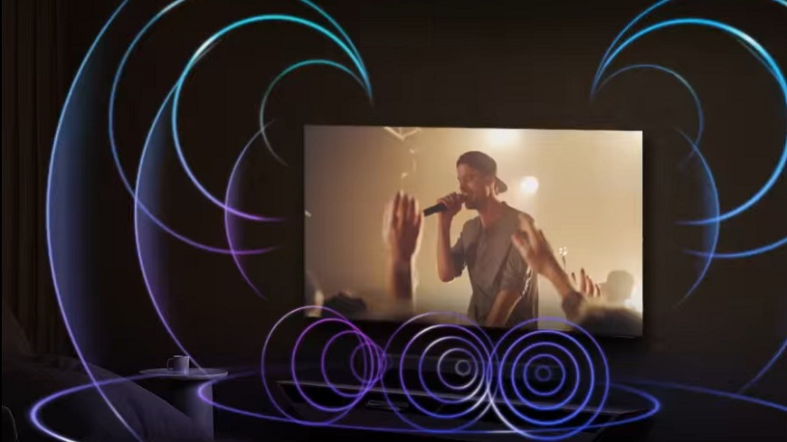Televize Samsung UE100M90H hudební video na televizi samsung UE100M90H se zakreslením zvuku při propojení soundbaru a zvuku z tv