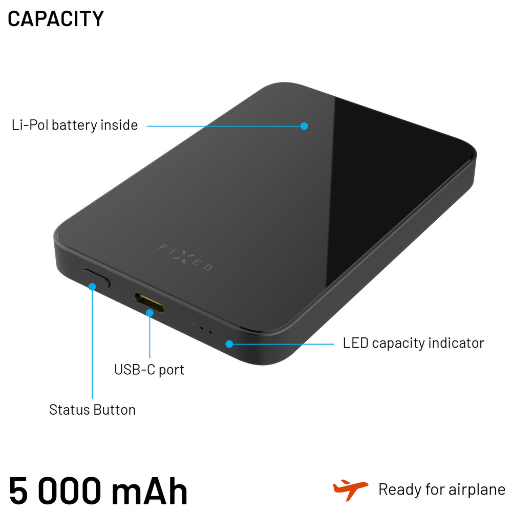 Powerbanka FIXED MagZen 5 Crystal s Qi2 a MagSafe, 5000 mAh černá