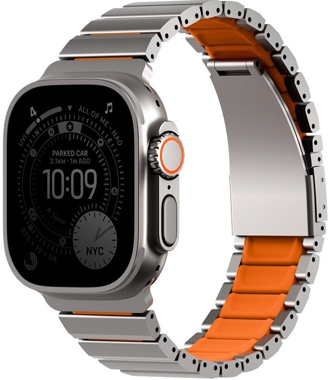 Řemínek Uniq Strova Flex na Apple Watch 49/46/45/44 mm v stříbrno-oranžovém provedení