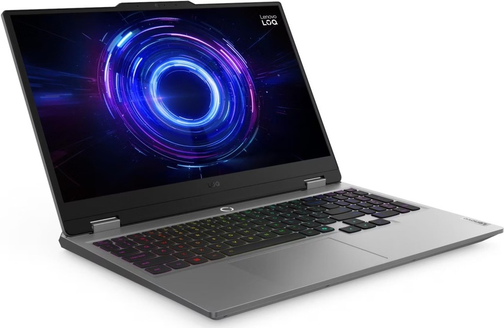 Otevřený notebook Lenovo LOQ s barevně podsvícenou klávesnicí a výrazným herním motivem na displeji