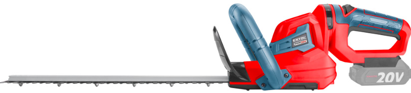 Boční pohled na aku nůžky Extol Premium 8891933 s dlouhou lištou pro střih živých plotů