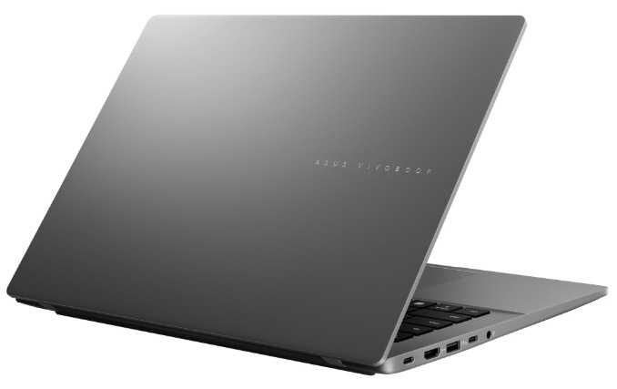 Zadní strana otevřeného notebooku ASUS Vivobook S14 s konektory na boku