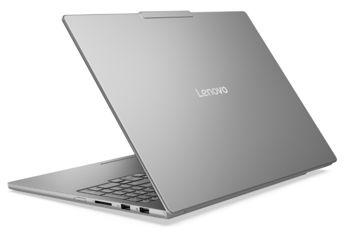 Zadní pohled na Lenovo IdeaPad Pro 5 16AKP10 s hliníkovým víkem a logem Lenovo