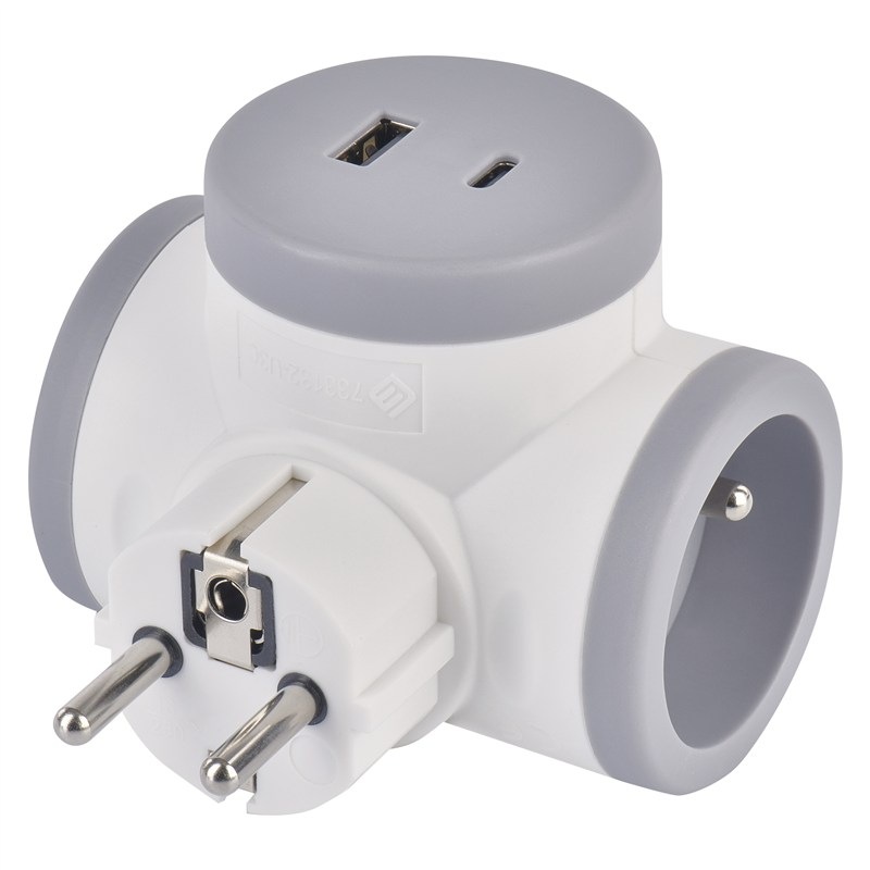 Rozbočovací zásuvka EMOS 2x zásuvka, 1x USB, 1x USB-C šedá/bílá