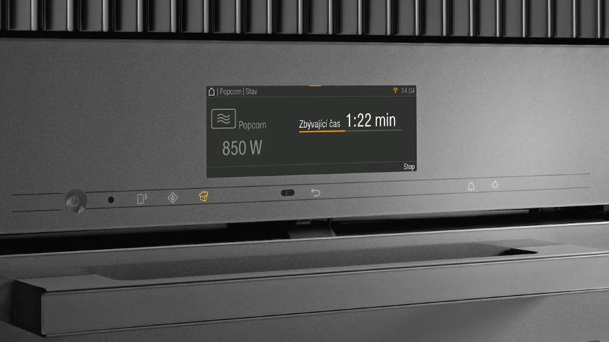 Trouba Miele H 7440 BM béžová Displej kde je vidět funkce Popcorn