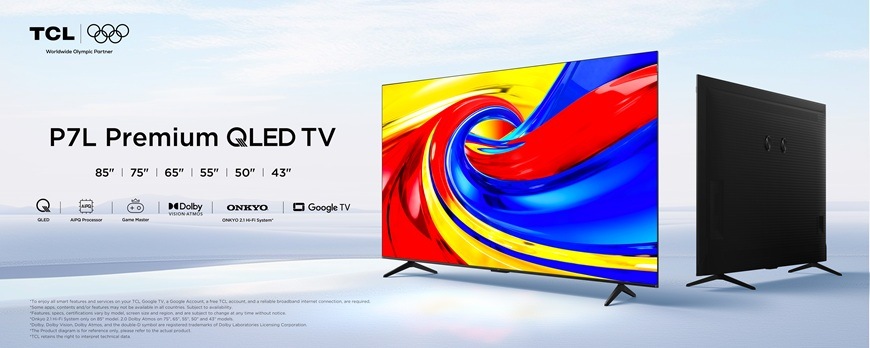 Televize TCL 65P7L Premium QLED s 4K rozlišením, Google TV a Dolby Vision, ukázka moderního designu a živého barevného obrazu.