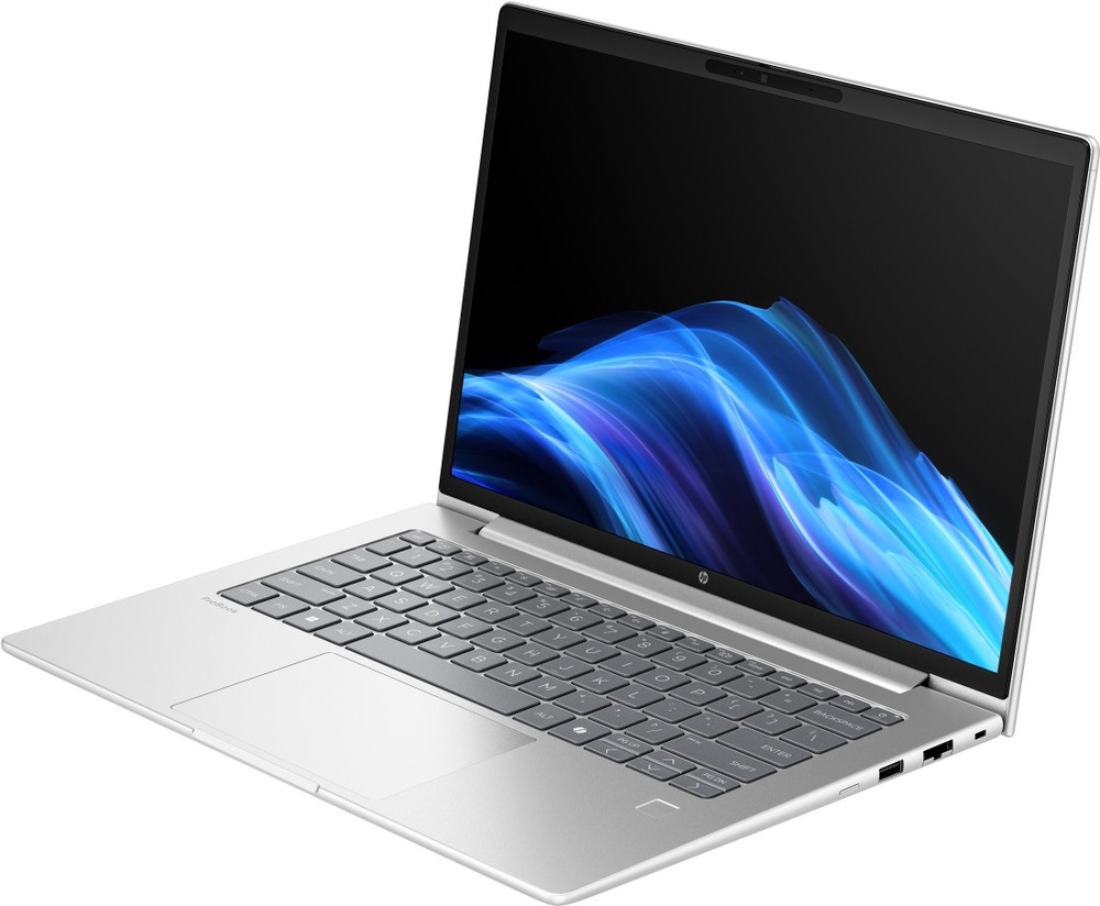 Notebook HP ProBook 4 G1i 14" stříbrný Pohled šikmo ze strany na laptop HP ProBook 4 G1i s podporou Copilot