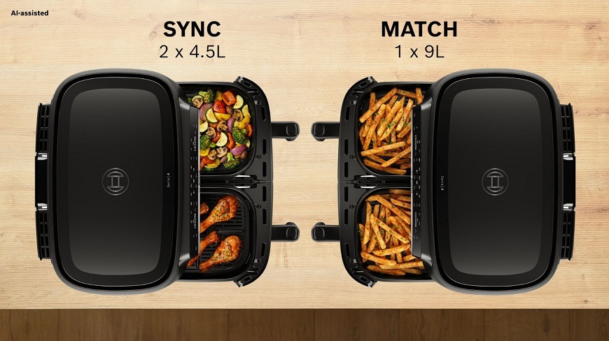 Fritéza horkovzdušná Bosch Serie 4 MAFD440B7 černá Dva koše horkovzdušné trouby Bosch naproti sebe a funkce SYNC a MATCH