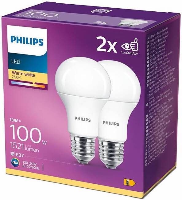 Žárovka LED Philips klasik, 13W, E27, teplá bílá, 2ks