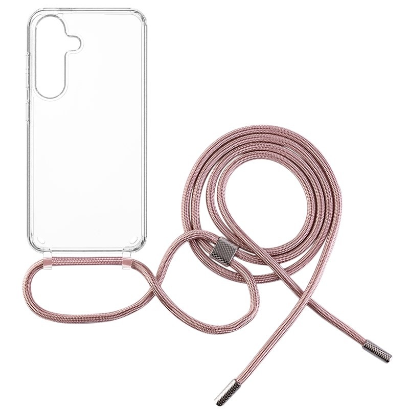 Kryt na mobil FIXED Pure Neck s růžovou šňůrkou na krk na Samsung Galaxy S25 průhledný