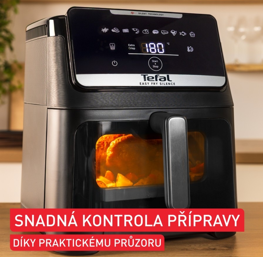 Fritéza horkovzdušná Tefal EY8468E0 Easy Fry Silence a v ní se peče pokrm