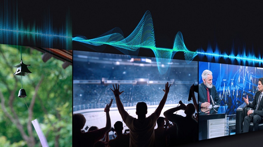 Televize Samsung QE77S92H zvuková vlna nad televizními obrazovkami s různými scénami