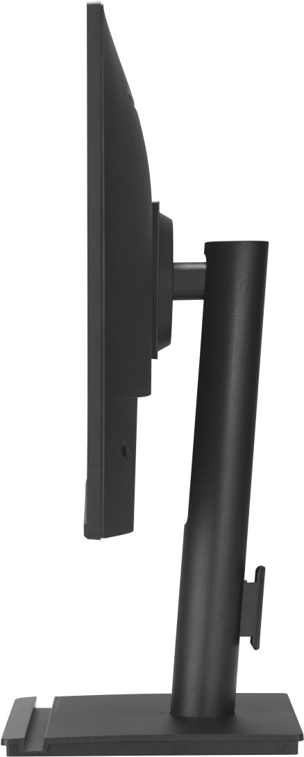 Na obrázku je monitor Asus BE27AQ 27" z bočního pohledu. Je vidět tmavě šedé tělo displeje s mírně vystouplou zadní částí a jednoduchý kancelářský stojan. Stojan má válcový sloupek, plochou hranatou základnu a zadní držák pro vedení kabelů. Monitor je uchycený na krátkém rameni, které umožňuje nastavení polohy obrazovky.