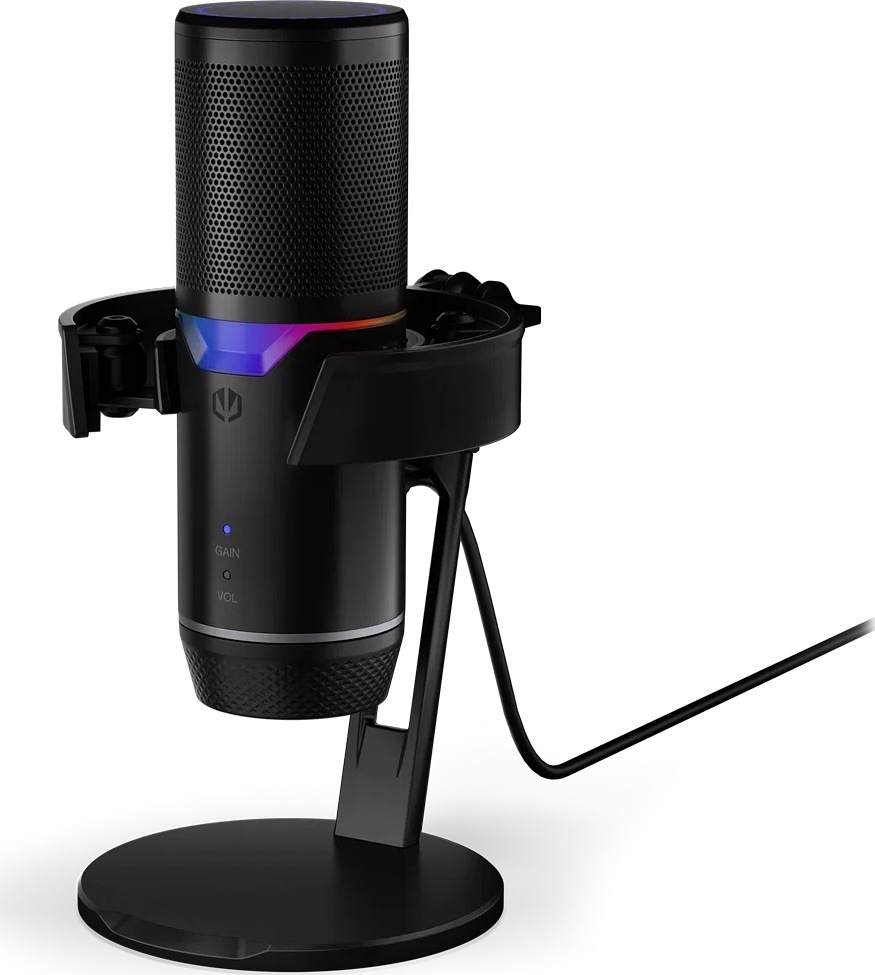 Mikrofon ENDORFY Solum 2 Pro černý Boční pohled na mikrofon ENDORFY Solum 2 Pro s antivibračním držákem, indikátory GAIN a VOL a připojeným kabelem.