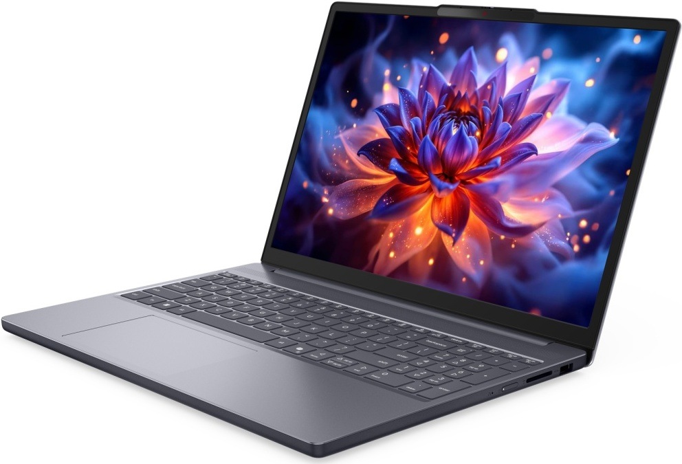 Notebook Lenovo IdeaPad Slim 3 15IPH11 šedý Otevřený notebook Lenovo s velkým barevným displejem zobrazujícím květinu v realistickém provedení