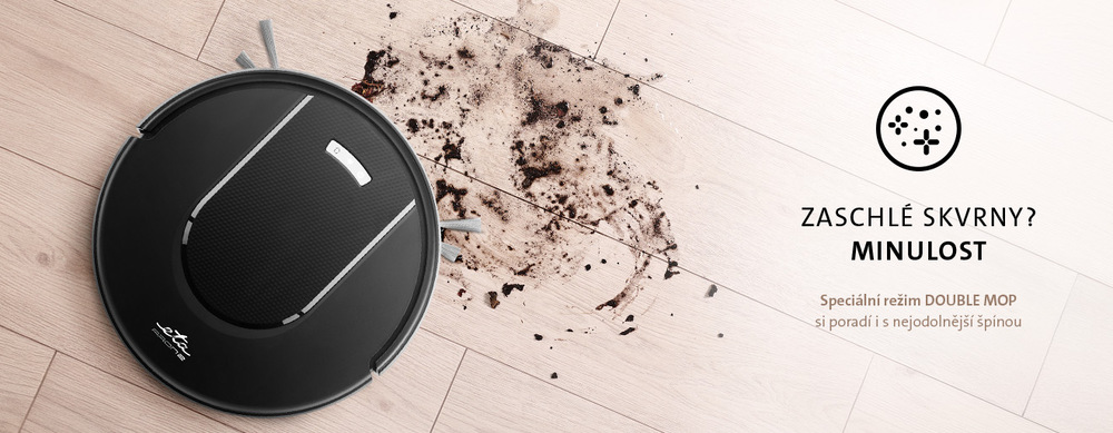 Robotický vysavač ETA Aron 2 čistící zaschlé skvrny na podlaze pomocí režimu DOUBLE MOP. Reklamní text „Zaschlé skvrny? Minulost – Speciální režim DOUBLE MOP si poradí i s nejodolnější špínou