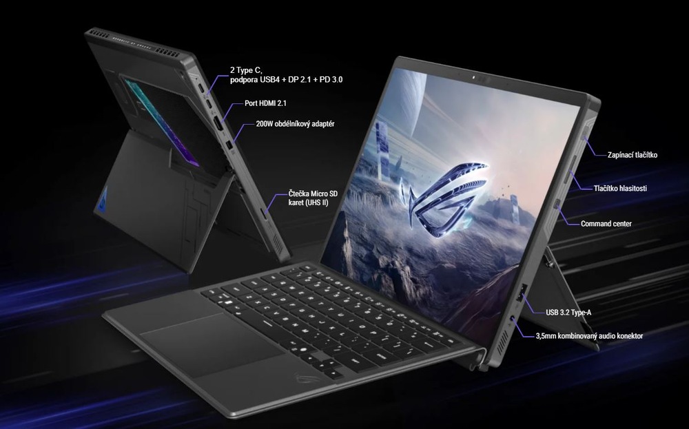 Přední a zadní pohled na konvertibilní notebook s naznačenými možnostmi připojení.