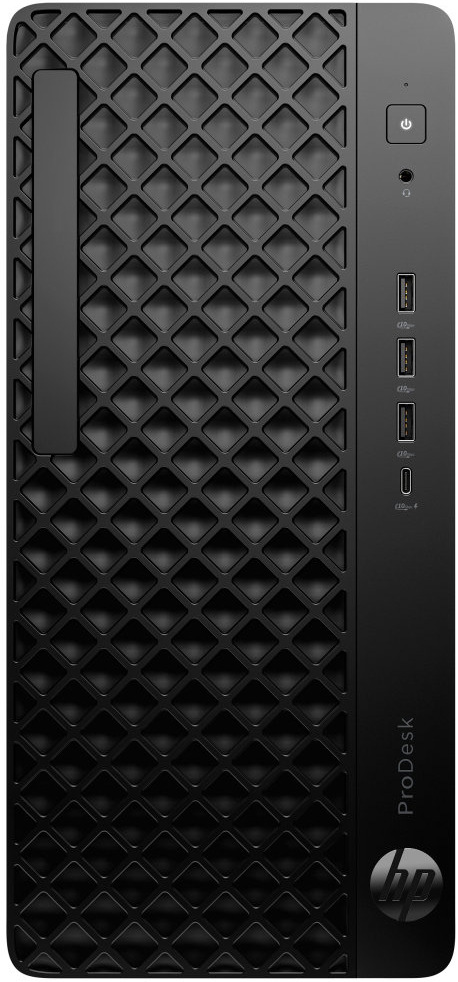Stolní počítač HP ProDesk 4 Tower G1i AI černý Přední strana počítače HP ProDesk 4 Tower G1i AI s konektory a zapínacím tlačítkem
