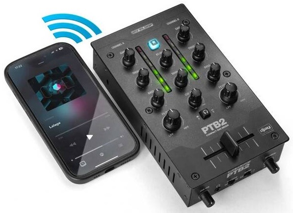 Mixážní pult Reloop PTB-2 černý Reloop PTB-2 s Bluetooth připojením k telefonu pro bezdrátové přehrávání hudby