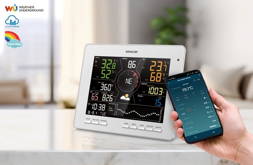 Meteorologická stanice Sencor SWS 16600 Wi-Fi Sencor Home bílý Meteostanice Sencor SWS 16600 WiFi SH umožňuje sledovat naměřené hodnoty nejen na svém barevném displeji, ale také prostřednictvím mobilní aplikace v chytrém telefonu. Díky připojení k Wi-Fi lze data synchronizovat s platformami Weather Underground, Weathercloud nebo Počasí Meteo a mít tak neustálý přehled o aktuálních podmínkách i na dálku. Kombinace domácí stanice a mobilního přístupu přináší pohodlné sledování počasí odkudkoliv.