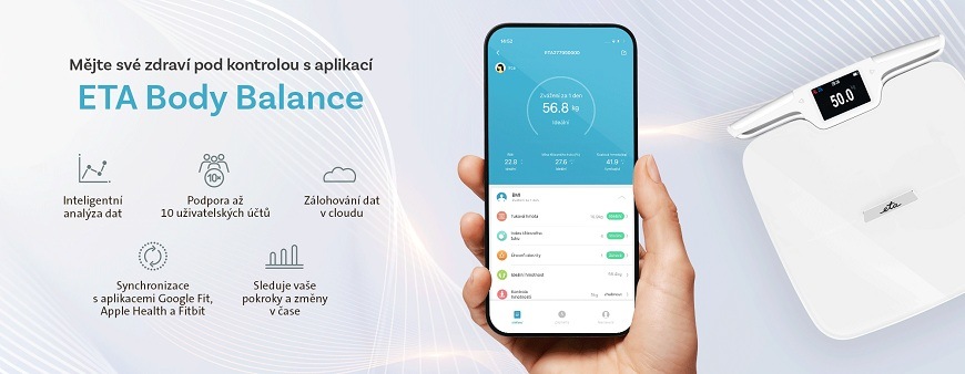 Osobní váha ETA Vital Condition 8779 90000 bílá Chytrá osobní váha ETA Body Balance s mobilní aplikací zobrazenou na telefonu a výčtem jejich benefitů