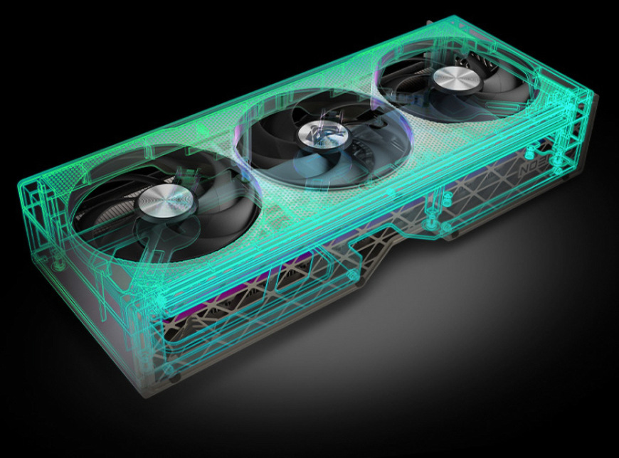 Grafická karta Sapphire Nitro+ AMD Radeon RX 9060 XT GAMING 16GB Pohled na vnitřní proudění vzduchu a strukturu chladiče Sapphire Nitro+ RX 9060 XT ve 3D zvýraznění