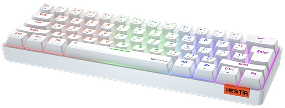 Klávesnice Meetion HESTIA, US layout bílá Bílá klávesnice Meetion HESTIA z předního úhlu s vícebarevným LED podsvícením