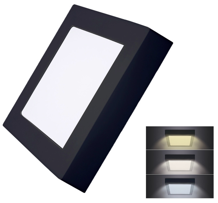 Stropní svítidlo Solight CCT, přisazené, 12 W, 900 lm, čtvercové černé LED mini panel CCT, přisazený, 12W, 900lm, 3000K, 4000K, 6000K, čtvercový, černá barva