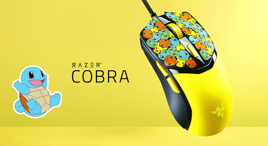 Myš Razer Cobra Pokémon Kanto Starters Edition na žlutém pozadí s motivy Pikachu, Squirtla a dalších Pokémonů