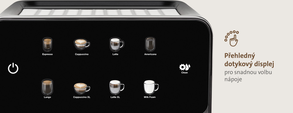 Pákový kávovar ETA Aromico 5175 90000 černé/chrom Detailní pohled na černý dotykový panel kávovaru ETA Aromico se svítícími ikonami nápojů: Espresso, Cappuccino, Latte, Americano, Lungo, Cappuccino XL, Latte XL, Milk Foam a funkcí Clean. Text: Přehledný dotykový displej pro snadnou volbu nápoje