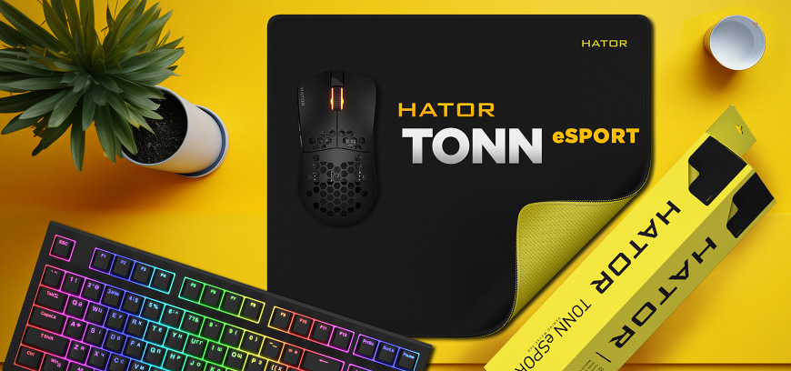 Podložka pod myš HATOR Tonn EVO L eSports Edition černá Podložka HATOR Tonn eSport s myší, nadzvednutým rohem a obalem vedle klávesnice