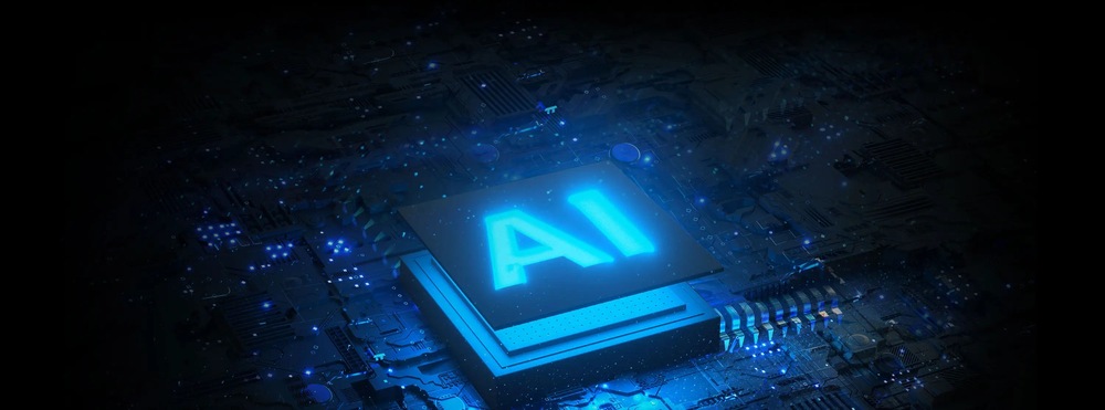 Zářivě modrý text „AI“ je umístěn na futuristickém mikročipu obklopeném tmavými obvody. Scéna vyzařuje high-tech digitální atmosféru.