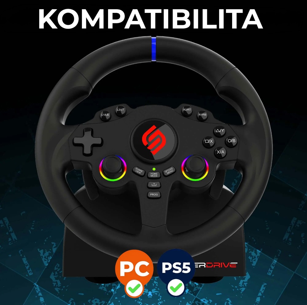 Volant SUPERDRIVE 220 RS-5 černý Černý herní volant s barevnými tlačítky a logem uprostřed. Text společně s ikonami a zaškrtávacími políčky PC a PS5 vyjadřuje kompatibilitu s těmito herními platformami.
