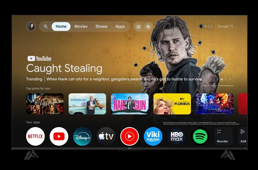 Chytrá televize TCL 65P7L s Google TV, přehledné prostředí aplikací jako Netflix, YouTube a Disney+ pro snadný přístup k obsahu.